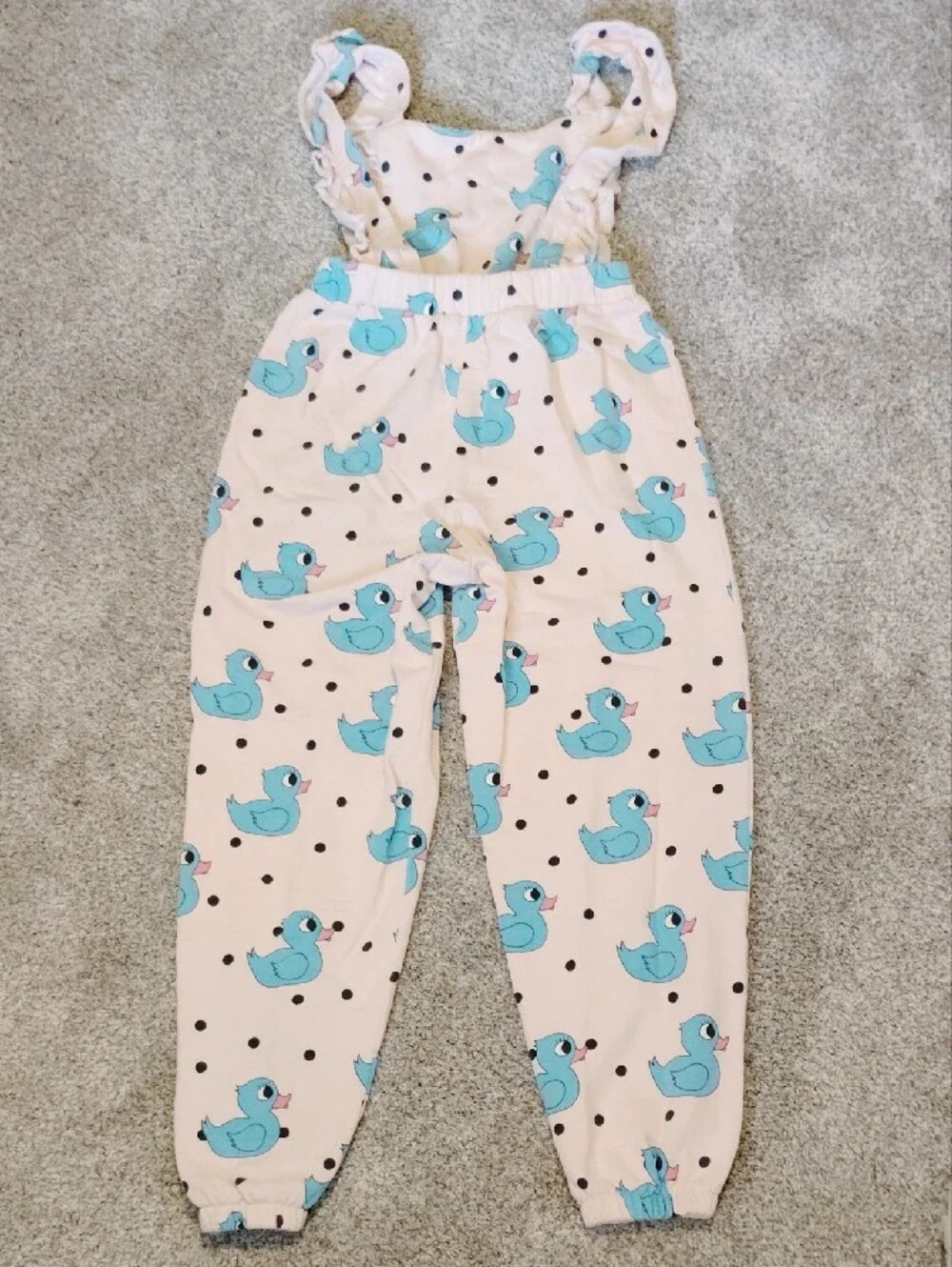 Girls Pink Overalls with Blue Duck Print